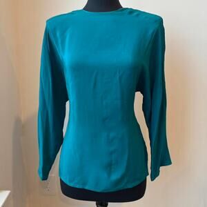 Condor 100% Silk Blue Teal Long Sleeved Blouse, High Neck, Shoulder Pads, Sz 10P